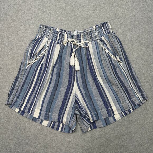 Briggs Linen Blend Short WMNS M Blue White Striped Pull On Elastic Waist Pocket - Picture 1 of 8